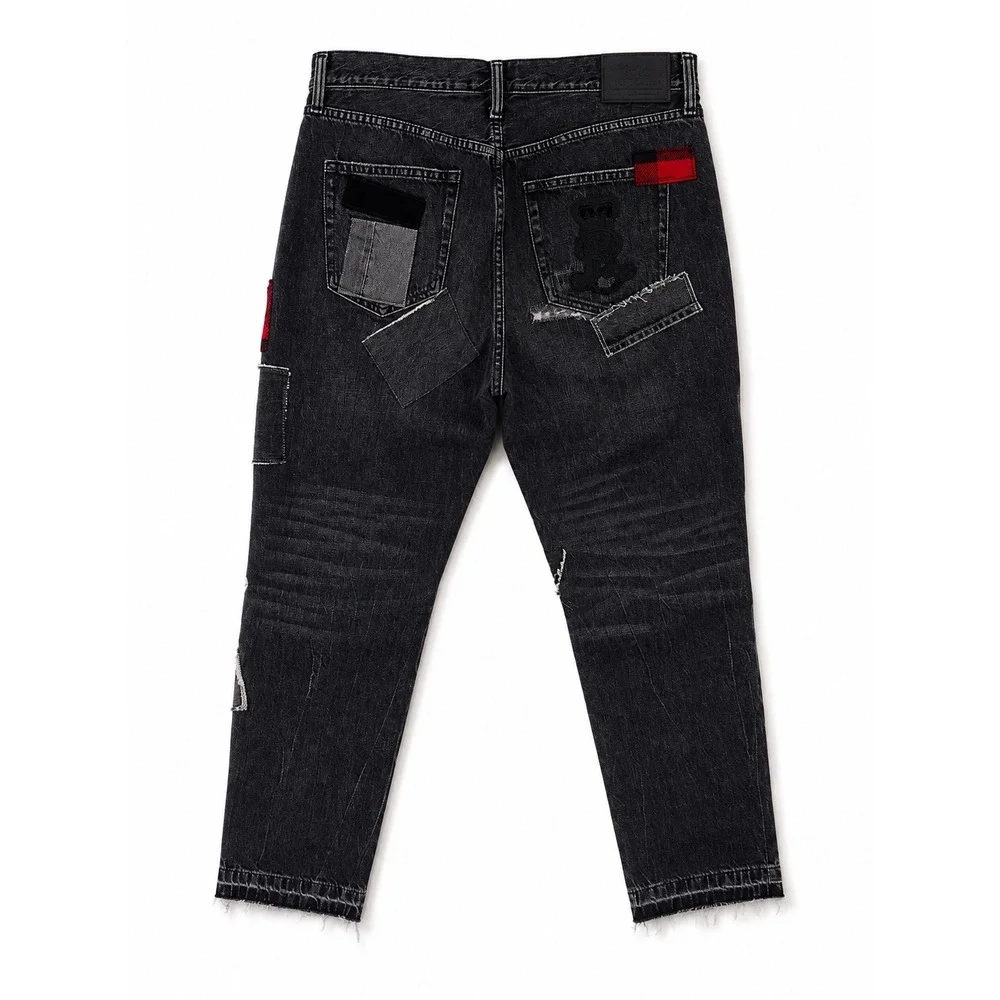 Polo Ralph Lauren Patchwork Jeans Womens 31 Black Red Leather Raw Hem Denim